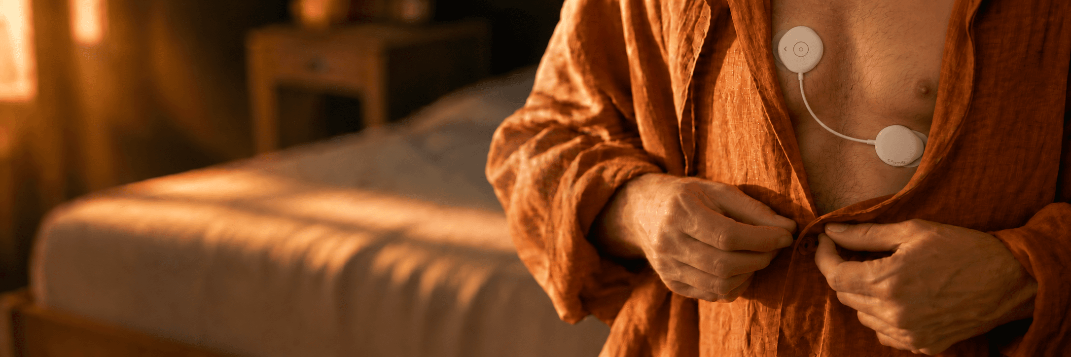 A person buttoning an open rust-coloured linen shirt, the AccurBeat patch worn on their chest